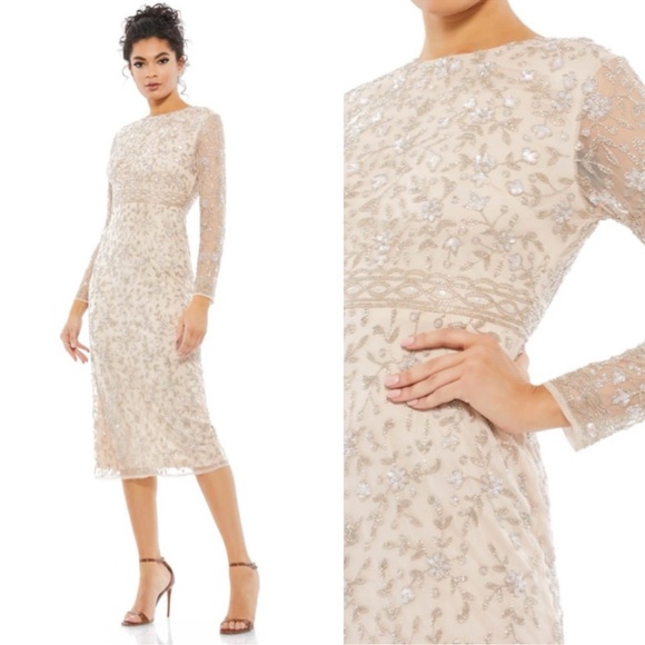 Mac Duggal Dresses & Skirts - Mac Duggal Beaded Tea Length Dress Sheer Sleeves Size 14 Midi ***
